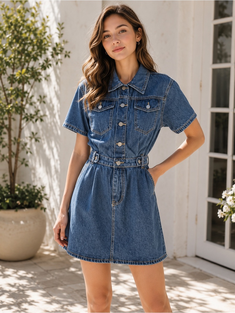Blue Denim Mini Collared Button-Up Dress